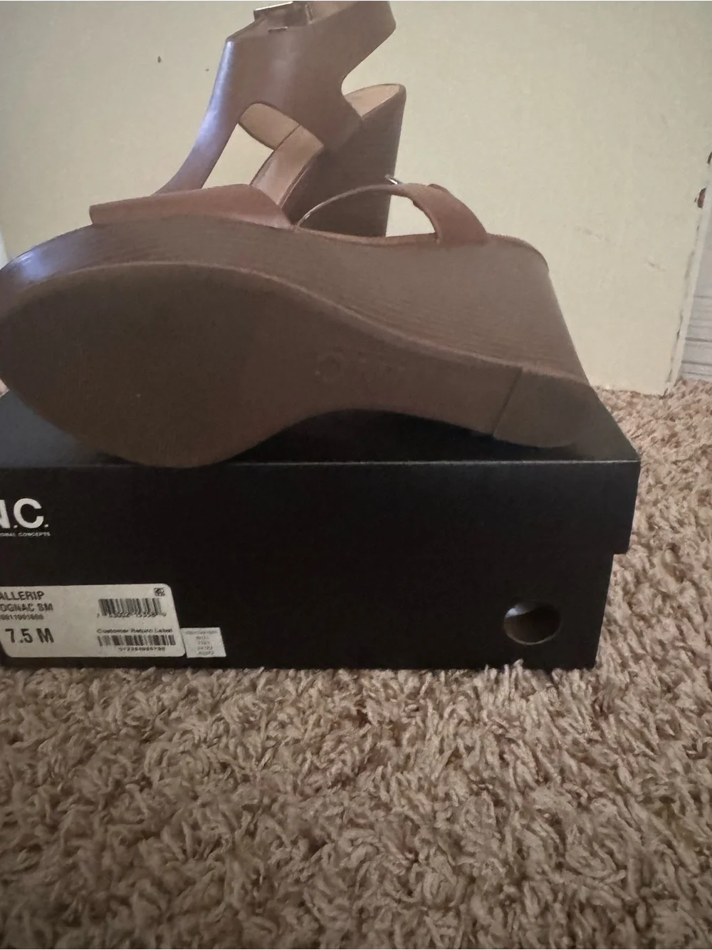MIA Cognac Brown T-Strap Wedge Sandals
